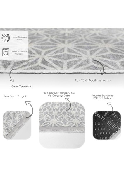 Beyaz Zeminde Gri Motifli Geometrik Desenli Geometrik  Dijital Baskılı Makinede Yıkanabilir Kaymaz Taban Saçaklı Halı
