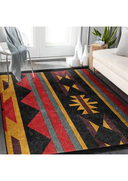 Siyah Zeminde Vintage Motifli Geleneksel Desenli Vintage Etnik Motifler Yatak Odası Koridor & Antre Dijital Baskılı Makinede Yıkanabilir Kaymaz Taban Saçaklı Halı modelleri