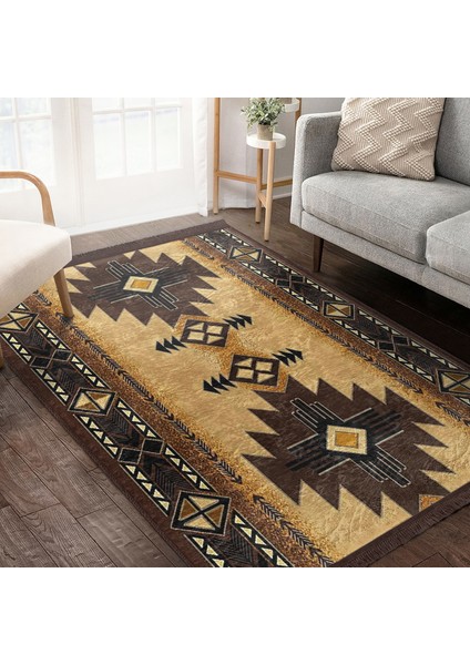 Kahverengi Zeminde Geometrik Motifli Kilim Desenli Vintage Etnik Motifler Dijital Baskılı Makinede Yıkanabilir Kaymaz Taban Saçaklı Halı