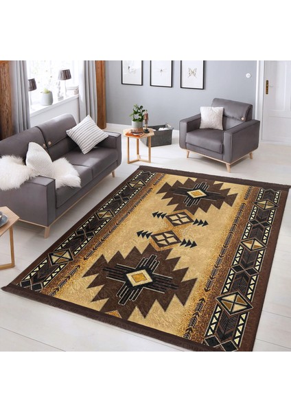 Kahverengi Zeminde Geometrik Motifli Kilim Desenli Vintage Etnik Motifler Dijital Baskılı Makinede Yıkanabilir Kaymaz Taban Saçaklı Halı fiyatları