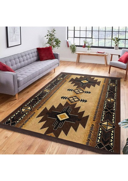 Kahverengi Zeminde Geometrik Motifli Kilim Desenli Vintage Etnik Motifler Dijital Baskılı Makinede Yıkanabilir Kaymaz Taban Saçaklı Halı modelleri
