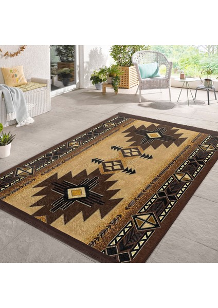 Kahverengi Zeminde Geometrik Motifli Kilim Desenli Vintage Etnik Motifler Dijital Baskılı Makinede Yıkanabilir Kaymaz Taban Saçaklı Halı indirimleri