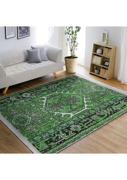 Yeşil Zeminde Geleneksel Motifli Kilim Desenli Etnik Motifler Avangarde Yatak Odası Mutfak Dijital Baskılı Makinede Yıkanabilir Kaymaz Taban Saçaklı Halı fiyatları
