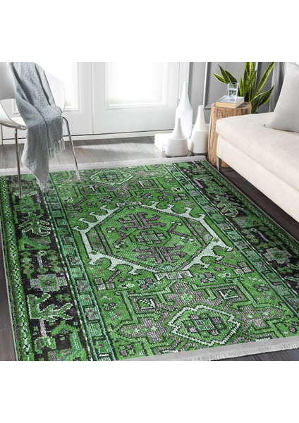 Yeşil Zeminde Geleneksel Motifli Kilim Desenli Etnik Motifler Avangarde Yatak Odası Mutfak Dijital Baskılı Makinede Yıkanabilir Kaymaz Taban Saçaklı Halı modelleri