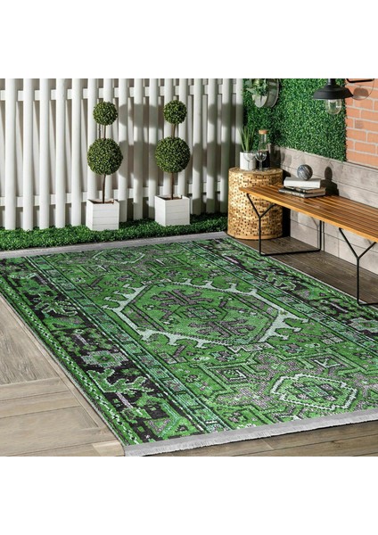 Yeşil Zeminde Geleneksel Motifli Kilim Desenli Etnik Motifler Avangarde Yatak Odası Mutfak Dijital Baskılı Makinede Yıkanabilir Kaymaz Taban Saçaklı Halı indirimleri