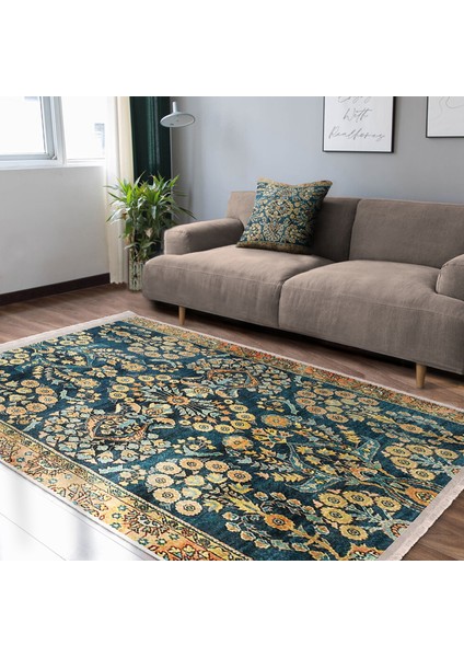 Mavi Zeminde Kilim Motifli Geometrik Desenli Vintage Avangarde Dijital Baskılı Makinede Yıkanabilir Kaymaz Taban Saçaklı Halı modelleri