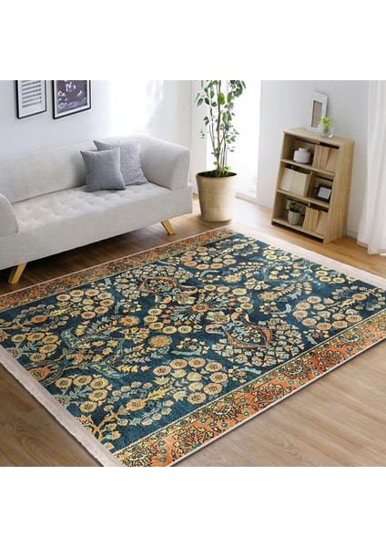 Mavi Zeminde Kilim Motifli Geometrik Desenli Vintage Avangarde Dijital Baskılı Makinede Yıkanabilir Kaymaz Taban Saçaklı Halı indirimleri