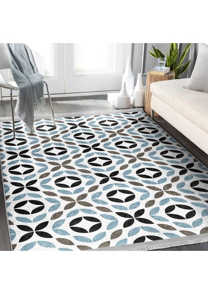 Siyah - Mavi Zeminde Yaprak Motifli Kanvas Desenli Floral Ofis Banyo Dijital Baskılı Makinede Yıkanabilir Kaymaz Taban Saçaklı Halı fiyatları
