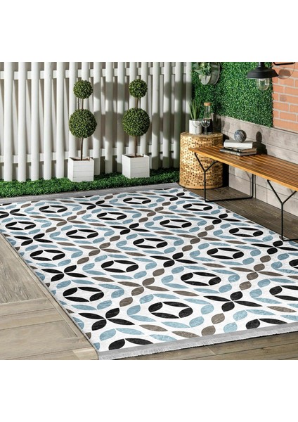Siyah - Mavi Zeminde Yaprak Motifli Kanvas Desenli Floral Ofis Banyo Dijital Baskılı Makinede Yıkanabilir Kaymaz Taban Saçaklı Halı modelleri