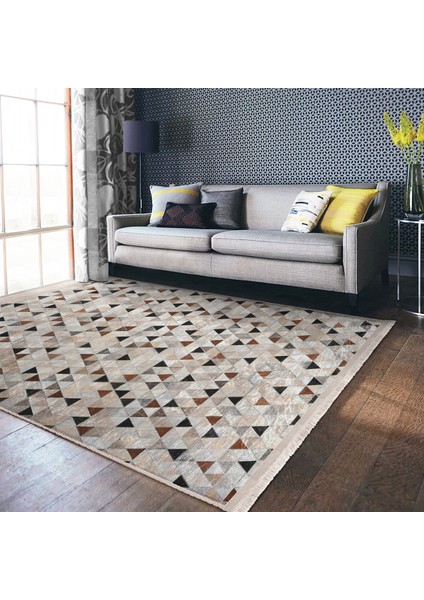 Krem - Kahverengi Zeminde Patchwork Motifli Geleneksel Desenli Geometrik Dijital Baskılı Makinede Yıkanabilir Kaymaz Taban Saçaklı Halı