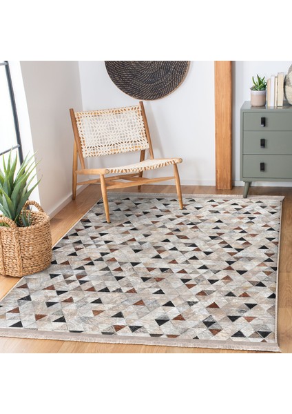 Krem - Kahverengi Zeminde Patchwork Motifli Geleneksel Desenli Geometrik Dijital Baskılı Makinede Yıkanabilir Kaymaz Taban Saçaklı Halı fiyatları