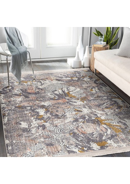 Krem - Gri Zeminde Örgü Motifli Otantik Desenli Eskitme Motifli Vintage Dijital Baskılı Makinede Yıkanabilir Kaymaz Taban Saçaklı Halı modelleri
