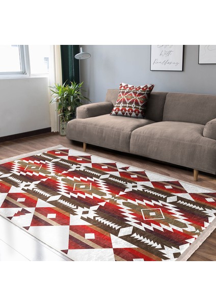 Kırmızı Zeminde Geometrik Motifli Antik Desenli Etnik Motifler Geometrik Dijital Baskılı Makinede Yıkanabilir Kaymaz Taban Saçaklı Halı