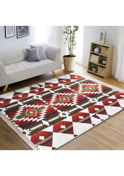 Kırmızı Zeminde Geometrik Motifli Antik Desenli Etnik Motifler Geometrik Dijital Baskılı Makinede Yıkanabilir Kaymaz Taban Saçaklı Halı fiyatları