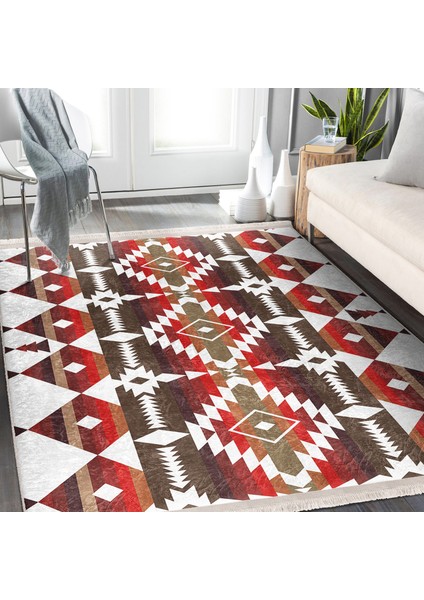 Kırmızı Zeminde Geometrik Motifli Antik Desenli Etnik Motifler Geometrik Dijital Baskılı Makinede Yıkanabilir Kaymaz Taban Saçaklı Halı modelleri