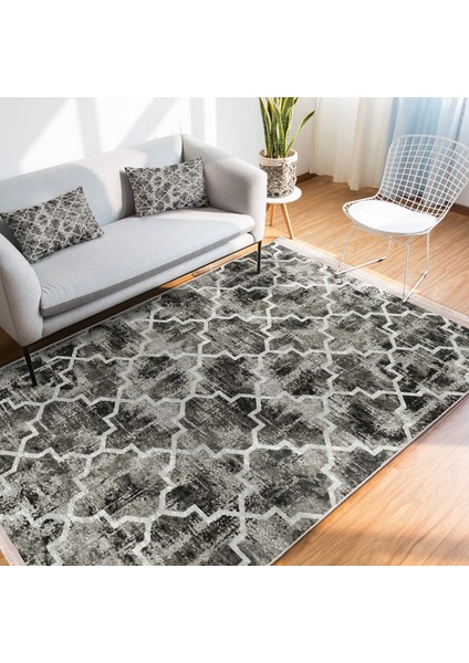 Kahverengi Zeminde Morrocan Motifli Eskitme Desenli Geometrik Vintage Dijital Baskılı Makinede Yıkanabilir Kaymaz Taban Saçaklı Halı