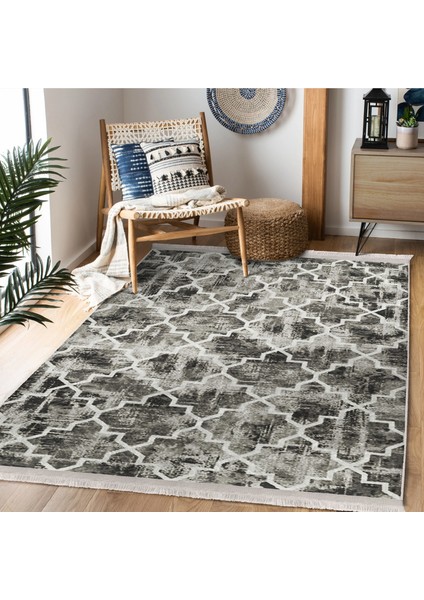 Kahverengi Zeminde Morrocan Motifli Eskitme Desenli Geometrik Vintage Dijital Baskılı Makinede Yıkanabilir Kaymaz Taban Saçaklı Halı fiyatları
