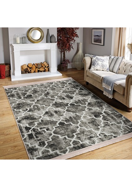 Kahverengi Zeminde Morrocan Motifli Eskitme Desenli Geometrik Vintage Dijital Baskılı Makinede Yıkanabilir Kaymaz Taban Saçaklı Halı modelleri