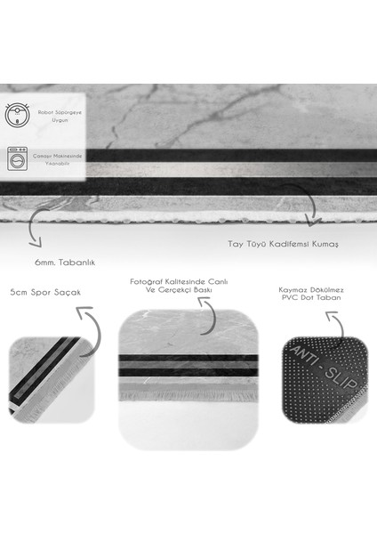 Gri - Siyah Zeminde Çerçeveli Motifli Mermer Desenli Geometrik Dijital Baskılı Makinede Yıkanabilir Kaymaz Taban Saçaklı Halı