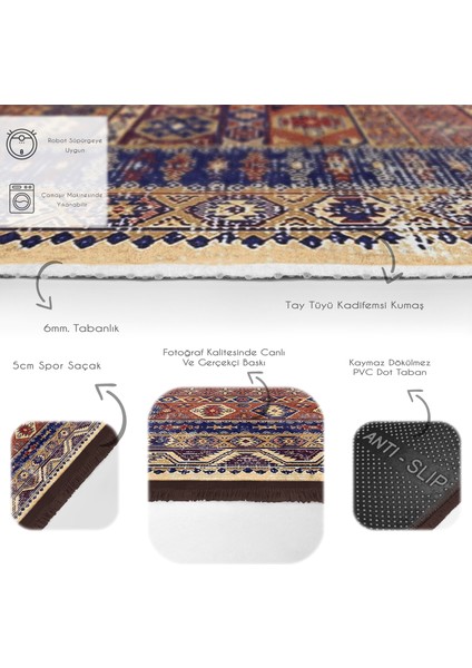 Lacivert Zeminde Hereke Motifli Otantik Desenli Avangarde Vintage Dijital Baskılı Makinede Yıkanabilir Kaymaz Taban Saçaklı Halı