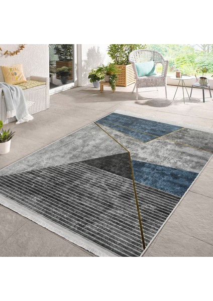Gri - Mavi Zeminde Geometrik Motifli Gold Desenli Geometrik Modern Dijital Baskılı Makinede Yıkanabilir Kaymaz Taban Saçaklı Halı