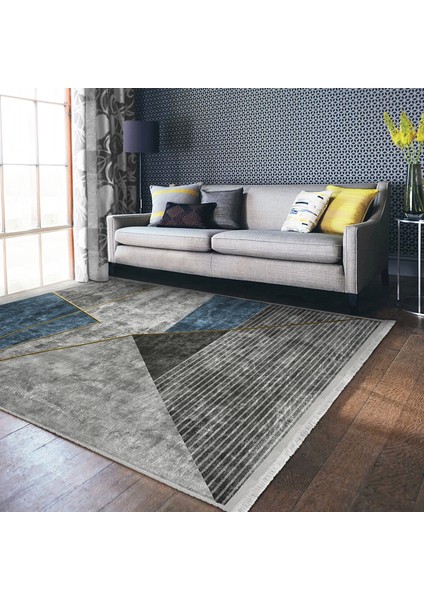 Gri - Mavi Zeminde Geometrik Motifli Gold Desenli Geometrik Modern Dijital Baskılı Makinede Yıkanabilir Kaymaz Taban Saçaklı Halı