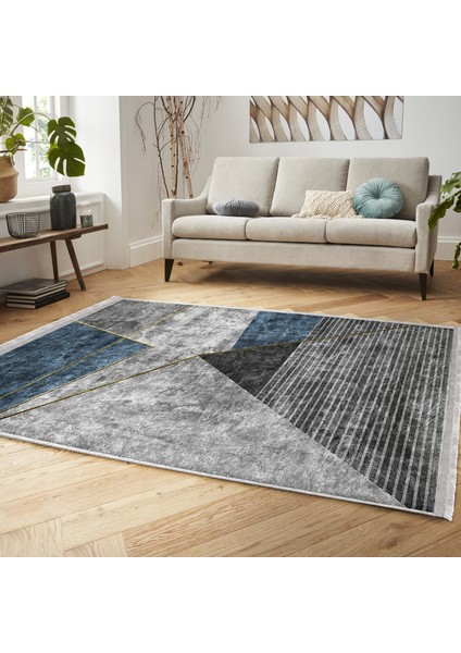 Gri - Mavi Zeminde Geometrik Motifli Gold Desenli Geometrik Modern Dijital Baskılı Makinede Yıkanabilir Kaymaz Taban Saçaklı Halı