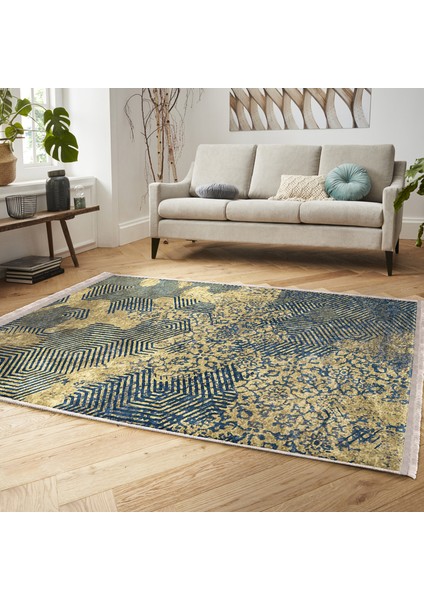 Sarı Zeminde Eskitme Motifli Geometrik Desenli Eskitme Motifli Geometrik Dijital Baskılı Makinede Yıkanabilir Kaymaz Taban Saçaklı Halı