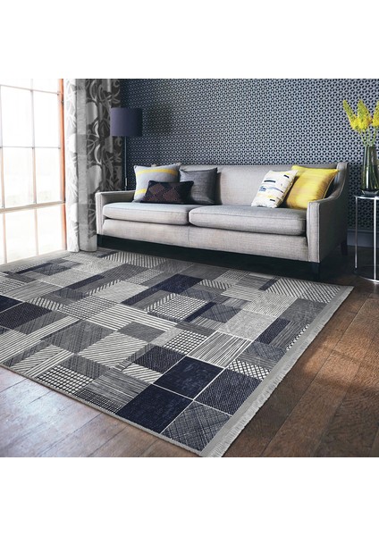Lacivert Zeminde Geometrik Motifli Patchwork Desenli Geometrik Dijital Baskılı Makinede Yıkanabilir Kaymaz Taban Saçaklı Halı