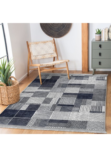 Lacivert Zeminde Geometrik Motifli Patchwork Desenli Geometrik Dijital Baskılı Makinede Yıkanabilir Kaymaz Taban Saçaklı Halı fiyatları