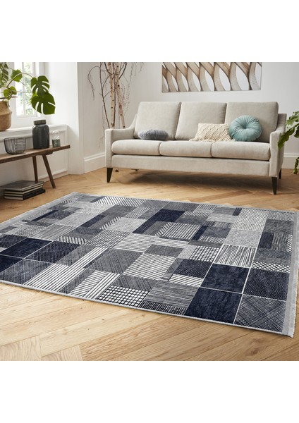 Lacivert Zeminde Geometrik Motifli Patchwork Desenli Geometrik Dijital Baskılı Makinede Yıkanabilir Kaymaz Taban Saçaklı Halı modelleri