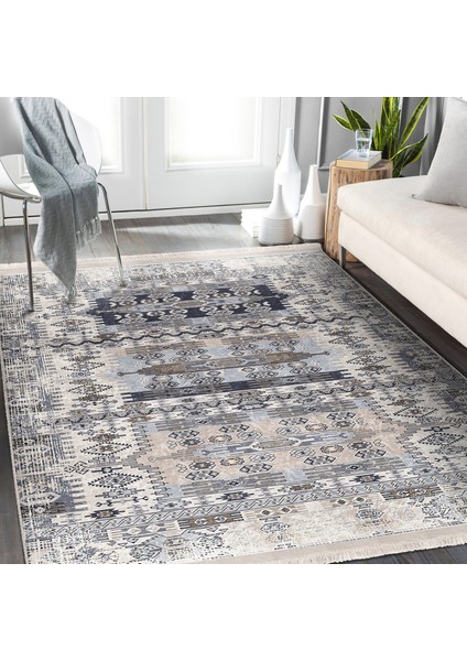 Krem Zeminde Dokuma Halı Motifli Kilim Desenli Eskitme Motifli Vintage Dijital Baskılı Makinede Yıkanabilir Kaymaz Taban Saçaklı Halı indirimleri