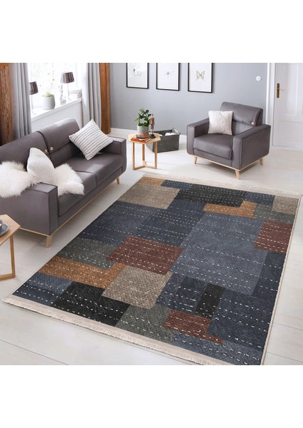 Çok Renkli Zeminde Dokuma Halı Motifli Patchwork Desenli Geometrik Sade & Şık Koridor & Antre Banyo Dijital Baskılı Makinede Yıkanabilir Kaymaz Taban Saçaklı Halı