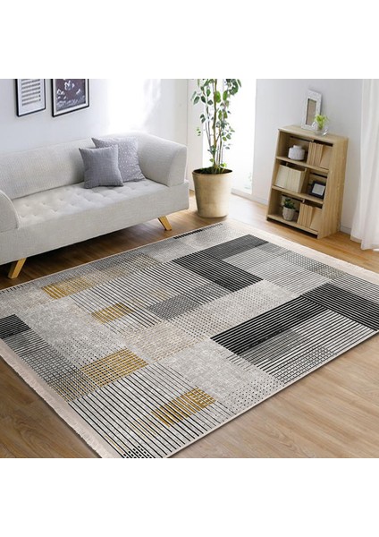 Ekru - Siyah Zeminde El Dokuma Motifli Kilim Desenli Geometrik Dijital Baskılı Makinede Yıkanabilir Kaymaz Taban Saçaklı Halı modelleri