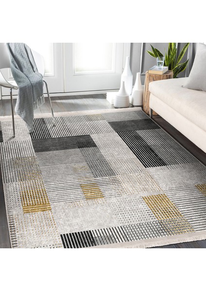 Ekru - Siyah Zeminde El Dokuma Motifli Kilim Desenli Geometrik Dijital Baskılı Makinede Yıkanabilir Kaymaz Taban Saçaklı Halı indirimleri
