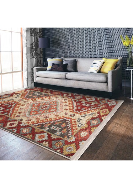 Kırmızı Zeminde Etnik Motifli Kilim Desenli Avangarde Vintage Dijital Baskılı Makinede Yıkanabilir Kaymaz Taban Saçaklı Halı modelleri