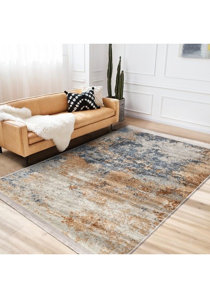 Mavi - Yavruağzı Zeminde Dokuma Motifli Kilim Desenli Eskitme Motifli Vintage Dijital Baskılı Makinede Yıkanabilir Kaymaz Taban Saçaklı Halı