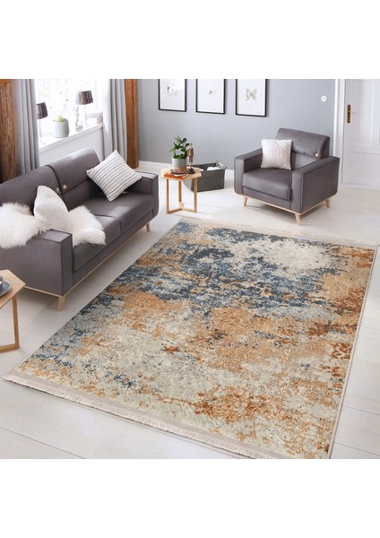 Mavi - Yavruağzı Zeminde Dokuma Motifli Kilim Desenli Eskitme Motifli Vintage Dijital Baskılı Makinede Yıkanabilir Kaymaz Taban Saçaklı Halı modelleri