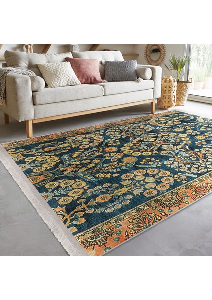 Mavi Zeminde Kilim Motifli Geometrik Desenli Vintage Avangarde Dijital Baskılı Makinede Yıkanabilir Kaymaz Taban Saçaklı Halı
