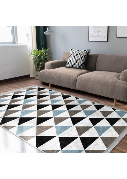 Siyah - Mavi Zeminde Üçgen Motifli Geometrik Desenli Geometrik Ofis Mutfak Dijital Baskılı Makinede Yıkanabilir Kaymaz Taban Saçaklı Halı