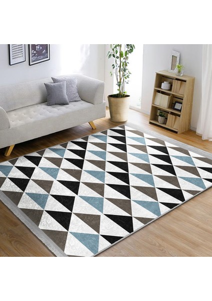 Siyah - Mavi Zeminde Üçgen Motifli Geometrik Desenli Geometrik Ofis Mutfak Dijital Baskılı Makinede Yıkanabilir Kaymaz Taban Saçaklı Halı fiyatları