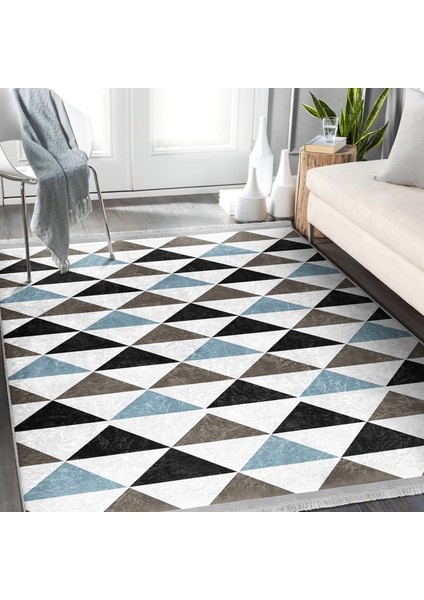 Siyah - Mavi Zeminde Üçgen Motifli Geometrik Desenli Geometrik Ofis Mutfak Dijital Baskılı Makinede Yıkanabilir Kaymaz Taban Saçaklı Halı modelleri