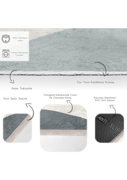 Ekru - Mavi Zeminde Kanvas Motifli Modern Sanat Desenli Bohem Klasik Dijital Baskılı Makinede Yıkanabilir Kaymaz Taban Saçaklı Halı fırsatları