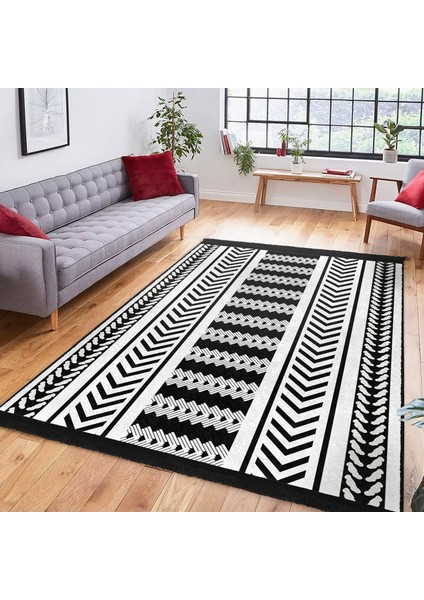 Siyah - Beyaz Zeminde Geometrik Motifli Iskandinav Desenli Geometrik Ofis Yatak Odası Dijital Baskılı Makinede Yıkanabilir Kaymaz Taban Saçaklı Halı