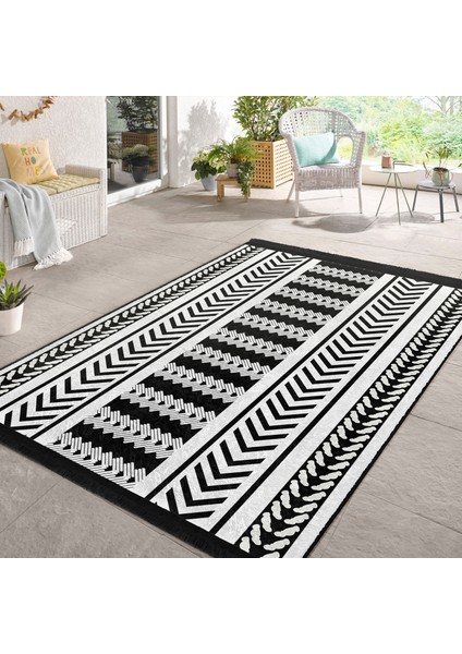 Siyah - Beyaz Zeminde Geometrik Motifli Iskandinav Desenli Geometrik Ofis Yatak Odası Dijital Baskılı Makinede Yıkanabilir Kaymaz Taban Saçaklı Halı