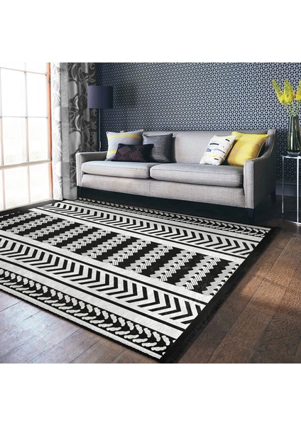 Siyah - Beyaz Zeminde Geometrik Motifli Iskandinav Desenli Geometrik Ofis Yatak Odası Dijital Baskılı Makinede Yıkanabilir Kaymaz Taban Saçaklı Halı