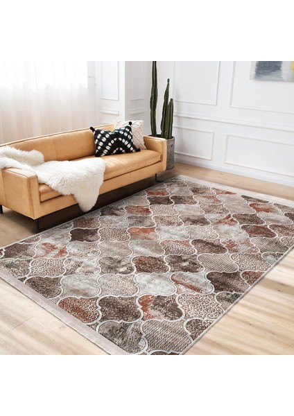 Kahverengi Zeminde Morrocan Motifli Yöresel Desenli Geometrik Klasik Dijital Baskılı Makinede Yıkanabilir Kaymaz Taban Saçaklı Halı modelleri
