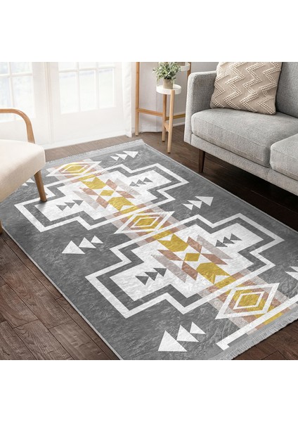 Gri Zeminde Tribal Motifli Geometrik Desenli Etnik Motifler Vintage Dijital Baskılı Makinede Yıkanabilir Kaymaz Taban Saçaklı Halı modelleri