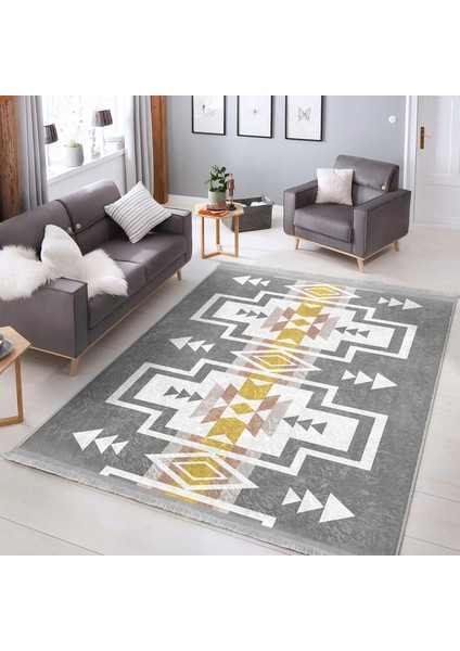 Gri Zeminde Tribal Motifli Geometrik Desenli Etnik Motifler Vintage Dijital Baskılı Makinede Yıkanabilir Kaymaz Taban Saçaklı Halı indirimleri