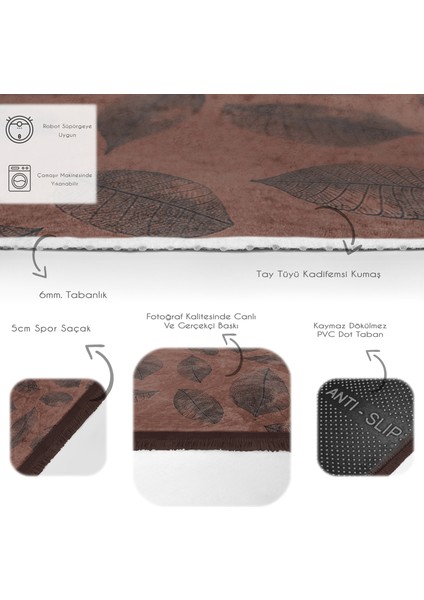 Kahverengi Zeminde Yaprak Motifli Eskitme Desenli Floral Dijital Baskılı Makinede Yıkanabilir Kaymaz Taban Saçaklı Halı